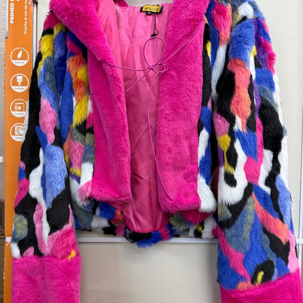 Bold Multicolor Faux Fur Coat with Pink Trim